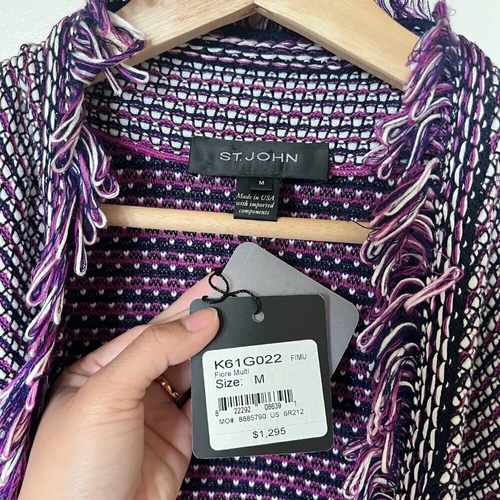 NWT St. John Fiore Knit Coat Open Waterfall Fringe Wool Blend Cardigan Purple M